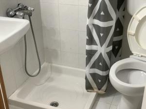 a bathroom with a shower and a toilet at LAINAS apartments in Nea Skioni