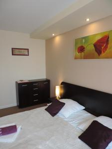 a bedroom with a bed and a painting on the wall at Apartament Green in Krosno