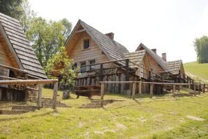 um grupo de cabanas de madeira num campo em Domki na Stoku em Ustrzyki Dolne