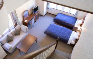 a view of a room with a bed and a couch at Hotel Green Plaza Hakuba in Otari