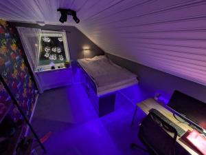 a purple room with a bed and a window at Villa Jan in Boden