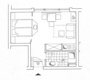 Grundriss einer Küche und einem Wohnzimmer in der Unterkunft Inselresidenz Strandburg - Studio 110 (Ref: 50961) in Juist