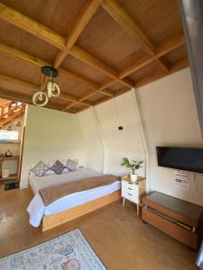 Village Garden Homestay 2 في Diyeng: غرفة نوم مع سرير وتلفزيون بشاشة مسطحة