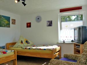 1 Schlafzimmer mit 2 Betten, einem TV und einem Fenster in der Unterkunft Bungalow bei Stralsund in Parow