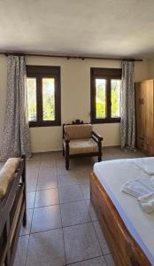 a bedroom with a bed and a chair and windows at Villa Dimitra in Agios Dimitrios