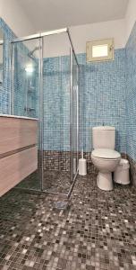 a bathroom with a toilet and a glass shower at Villa Dimitra in Agios Dimitrios