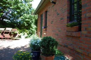 a brick building with potted plants on the side of it at Ferienwohnungen Meyer in Bollewick