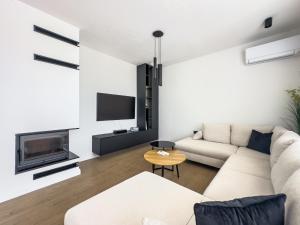 a living room with a couch and a tv at Villa Allure Lun in Lun