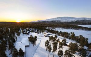 an aerial view of a resort in the snow with trees at Kelo Resort in Raattama
