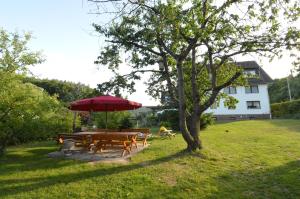a picnic table with a red umbrella next to a tree at Ferienwohnungen Pfeil in Nieder-Werbe