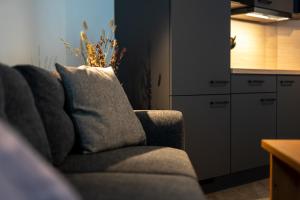a living room with a couch and a kitchen at Gästehaus Strasser in Riezlern