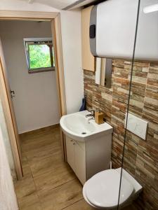 a bathroom with a toilet and a sink at Ubytování Malý RETRO Sklípek in Krumvíř