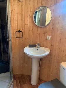 a bathroom with a sink and a mirror at L'Écorce & le Tanin - 2 cabanes cosy pour 4, pêche in Roye