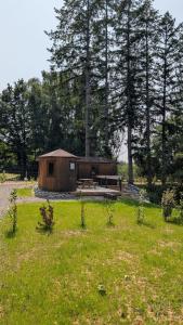 a small wooden cabin in a field with trees at L'Écorce & le Tanin - 2 cabanes cosy pour 4, pêche in Roye