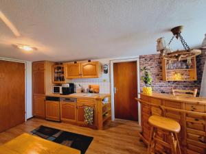a kitchen with wooden cabinets and a counter top at Hengeler's hof in Altusried