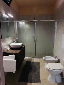 a bathroom with a shower and a toilet and a sink at Demetra Bed in Lizzanello