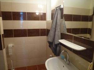 a bathroom with a sink and a toilet and a mirror at Retro Apartment in Budapest