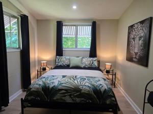 a bedroom with a bed and two windows at Alena Star House, Eco Retreat With Pool, Prime Position in Cape Tribulation