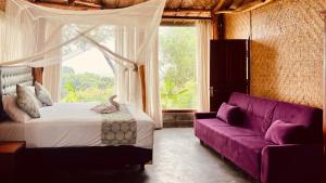 a bedroom with a bed and a purple couch at Yoga bale house in Karangasem +61 photos