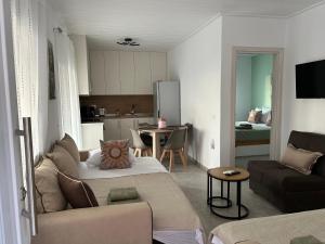 a living room with a couch and a kitchen at Soleil House in Kallirakhi