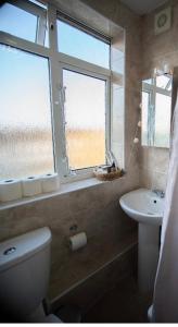 a bathroom with a toilet and a sink and a window at 3 bedroom cosy apartment 20 mins to Centre in Moffat