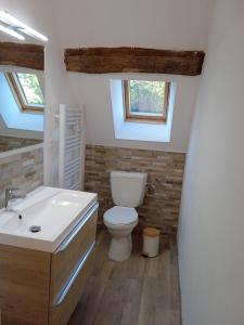 a bathroom with a toilet and a sink and two windows at Duplex indépendant dans Longère in La Croix-en-Touraine