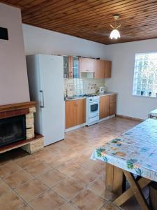 a kitchen with a white refrigerator and a table at Dom Wczasowy Dogoda in Zełwągi