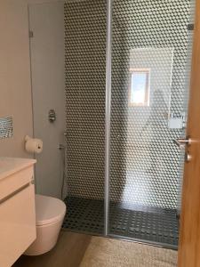 a bathroom with a glass shower with a toilet at Avô Moreira Beach House in Póvoa de Varzim +18 photos