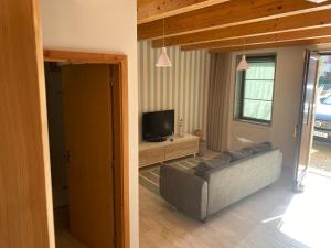 a living room with a couch and a television at Avô Moreira Beach House in Póvoa de Varzim