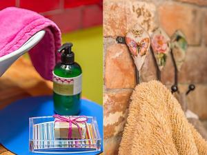 two pictures of a bottle of mouthwash and a towel at Lower Barns Boutique B&B in St Austell