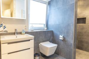 a bathroom with a toilet and a sink at Im Kirschgarten 8 mit Sauna, Terrasse und Garten in Kellenhusen +12 photos