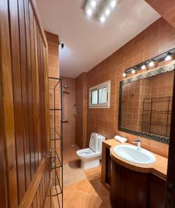 Un baño con lavabo, inodoro y espejo. en Agence Adjana Resort - Résidence SAFARI VILLAGE, en Sali Tapé