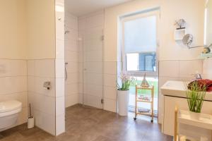 ein Badezimmer mit Toilette und Waschbecken in der Unterkunft Kellenhusen Tor 19 - mit Sauna und Garten, Hunde willkommen in Kellenhusen + 27 Fotos