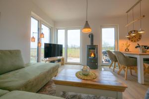 a living room with a couch and a table with a fireplace at Deichbude Tossens - Modernes Ferienhaus für 4 Personen in Butjadingen OT Tossens