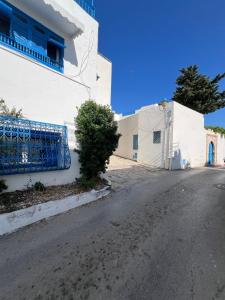 西迪·布·赛义德DAR ZAHRA Sidi Bou Said的白色建筑旁边的一条空街道