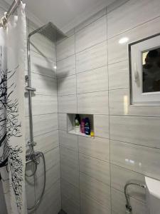 a bathroom with a shower with a shower curtain at Apartman Mira&Ahmet in Stolac +13 photos