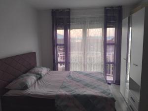 a bedroom with a bed and a large window at Apartman Studio Jokovic in Bijela