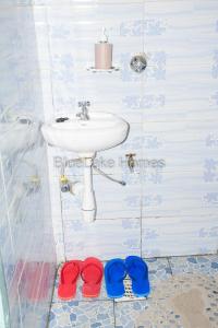 - Baño con lavabo y 2 pares de zapatillas en Blue Lake Bnb, en Naivasha