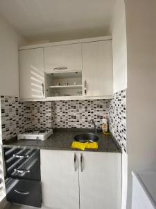 een keuken met witte kasten en een spoelbak bij Demre Beyhan Apart in Demre