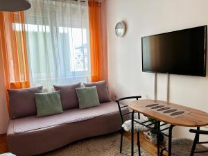 una sala de estar con un sofá y una mesa en Mina Penthouse, en Novi Sad