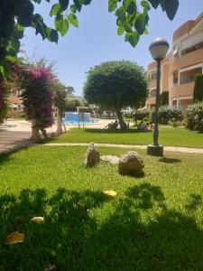 a park with rocks in the grass and a light pole at Apartamento Playa las Marinas in Denia