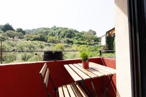 a wooden table with a potted plant on a balcony at Apartamento El Cachupín in Laredo