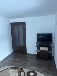 a room with a door and a television and a rug at Casa Ovidiu in Pojorâta