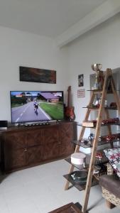 a living room with a television and a wooden shelf at Appart typique dans un chateau in Ajaccio