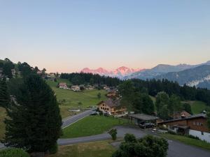 an aerial view of a small village in the mountains at Des Alpes Sky Apartment in Beatenberg