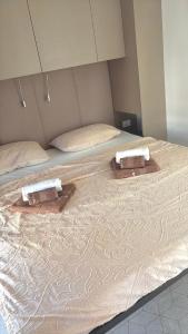 een groot bed met twee handdoeken erop bij Mobile Enelia sun house in Sveti Petar