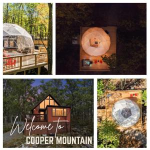 a collage of pictures of a house and a tent at Cozy Chalet & Luxe Domes Retreat w Stunning Views in Augusta