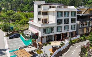 JiawanMountain and Bamboo Holiday Homestay Zhangjiajie Forest Park Branch的带游泳池的建筑物的鸟瞰图