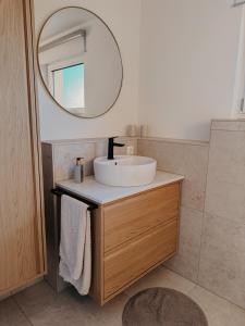 a bathroom with a sink and a mirror at Pauls Neschd Apartment in Dormettingen +16 photos