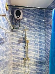 イバダンにあるAM Apartmentsの青いタイル張りのバスルーム(シャワー、シャワーヘッド付)